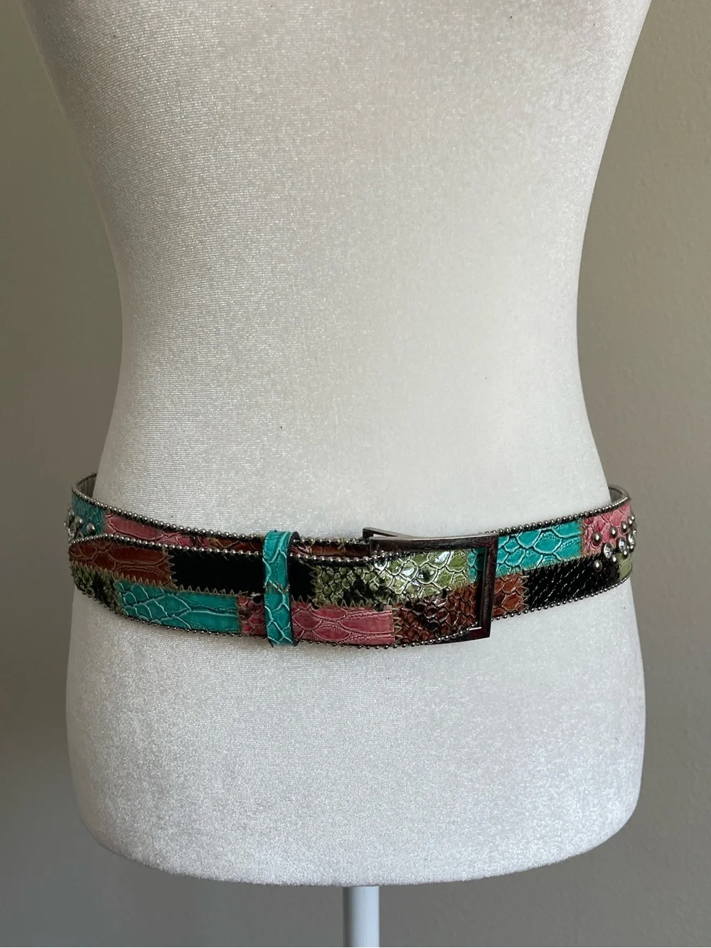 Guess Patchwork Studded Leather Belt in Turquoise, Pink & Black